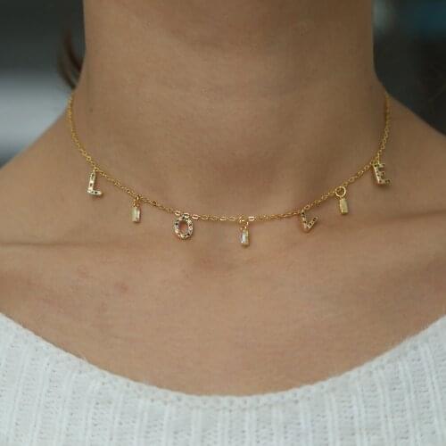 2019 Baguette gold color drop cz delicate lover letter jewelry rainbow colorful cz engagement cubic zirconia elegant necklace