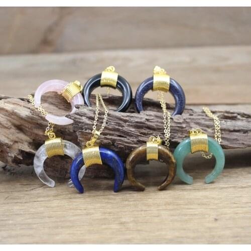 32mm Lapis Obsidian Tiger eye Ox Horn Pendants Gold Chains,Natural Stone Crystal Crescent Moon Chams Necklace Jewelry,QC3021