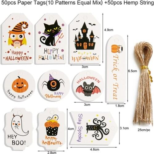 50PCS/PACK Halloween Kraft Paper Tags With Rope Pumpkin Ghost Bat Crafts Hanging Labels Kids Gift Wrapping Party DIY Supplies