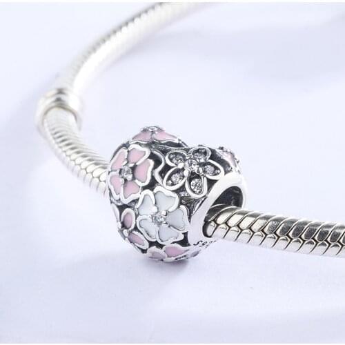 925 Sterling Silver Pink Enamel Heart Oriental Cherry Pendant Charm Bracelet DIY Jewelry Making For Original Pandora Accessories