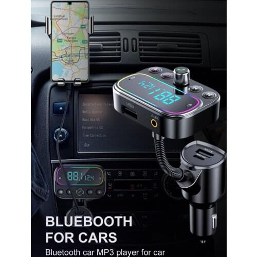Car Bluetooth FM Transmitter Car MP3 Music Player Car PD3.0 QC Fast Charge Aux Audio Output Voltage Display Ambient Ligh