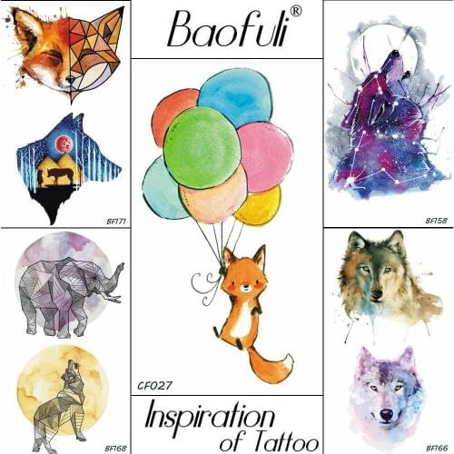 Baofuli Ballon Fox Painting Art Tattoo Geometric Temporary Tattoo Galaxy Cartoon Fake Tattoo Fox Wolf Children Waterproof Body
