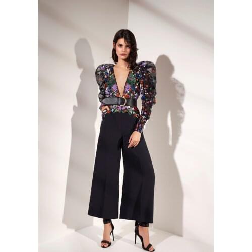 Flower Embroidery Jumpsuits Prom Dresses Ankle Length V Neck Long Sleeve African Evening Dress Plus Size Formal Gowns