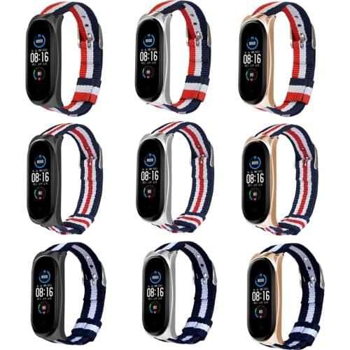 For Xiaomi Mi Band 5/5 NFC Strap Buckle Case Striped Canvas Strap correa mi band 5 bracelet black white red Navy Alternate