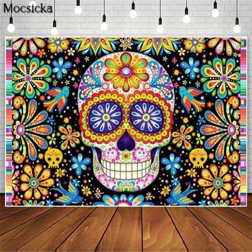 Mexican Day of The Dead Backdrop Fiesta Birthday Party Banner Photography Background Sugar Skull Decors Photo Studio Props