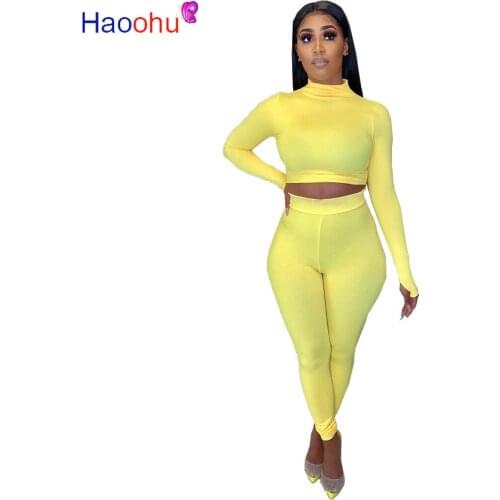 HAOOHU Sport Solid Women Two Piece Set Long Sleeve T-shirt High Waist Jogger Pants Suit Tracksuit Matching Set Casual Outfit