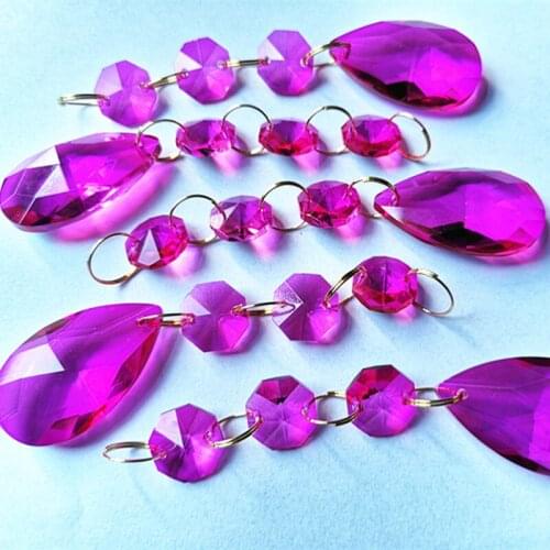 12pcs/lot Fuchsia Color Crystal Chandelier Pendants (3pcs Crystal Octagon Beads With 38mm Faceted Pendant) For Garden Decoration