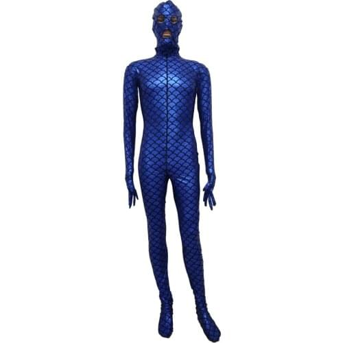 Double front zipper halloween cosplay costume blue fish-scale patterns tights jumpsuit Bodysuit Zentai Suit Fancy removable mask