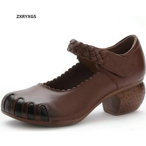 Promotion 2021 Best-selling New Spring Autumn Genuine Leather Shoes High Heels Classic Retro Handmade Womens Shoes Thick Heels