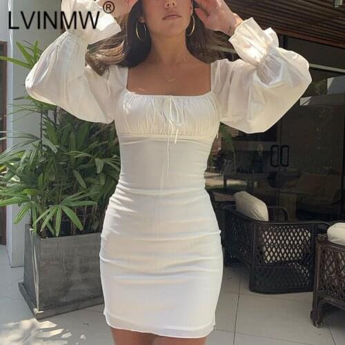 LVINMW Sexy Square Collar Ruched Long Flare Sleeve Bodycon Dress Fashion White Front Lace Up Bow Mini Dresses Lady Party Club