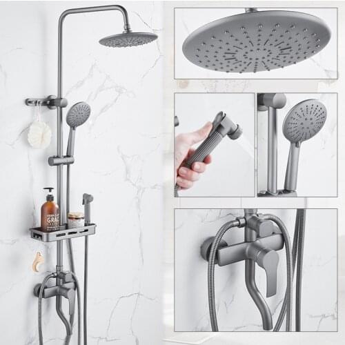 Frosted Polar Gray Shower Copper Faucet Wall-Mounted Lifting Shower System Gray Pressurized Bathroom Hot and Cold Shower Set