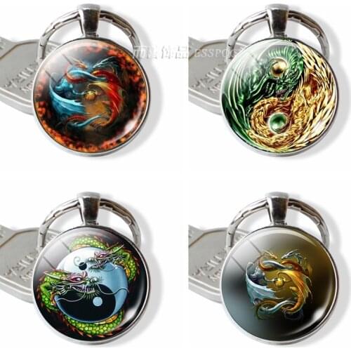 New Charm Fashion Accessories Tai Chi Yin Yang Dragon Pendant Key Ring Jewelry Glass Dome Keychain Handmade Art Male Gift