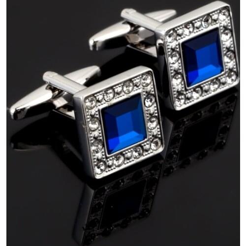 Luxury Jewelry Square Blue crystal Cufflink for Mens French Shirt Brand Cuff botton Wedding High Quality silvery Cufflinks