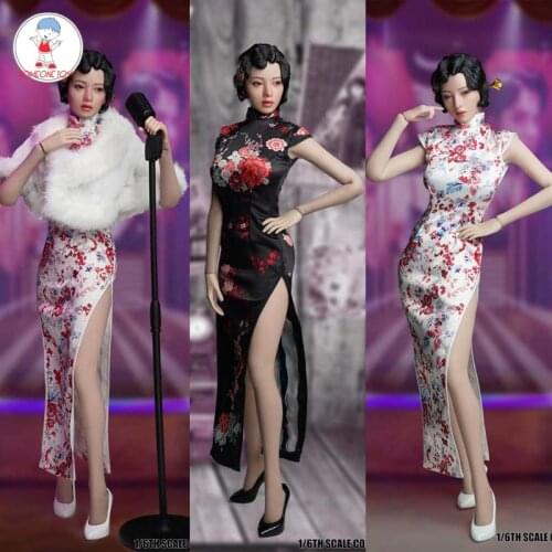 SUPER DUCK SET046 1/6 Shanghai Women Head Sculpt with Movable Eyes Retro Dress Cheongsam Shoes Set for TBLeague Action Figures