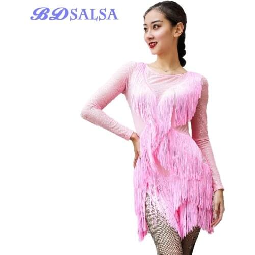 Fringed skirt TOP Latin Dance Clothes Female Adult Sexy Dancing Practice Cloth Set Dress ZD116 Pink Black Long Sleeve Spot Hot