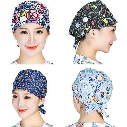 Women Scrubs Caps Printed Cotton Sweatband Hats Washable Bandage Nursing Working Hats Pet Shop Beauty Salon Hats Accessories