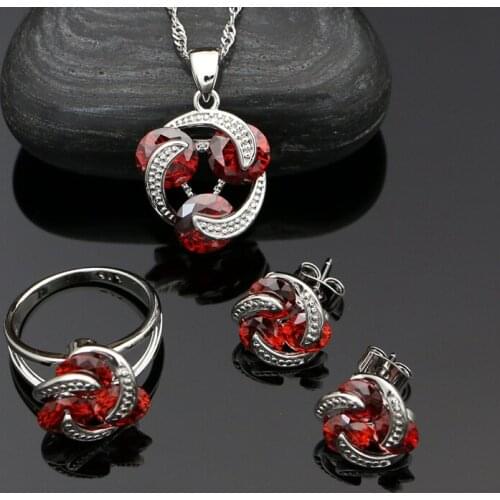 925 Sterling Silver Bridal Jewelry Sets for Women Red Stones Cubic Zirconia Stud Earrings Pendant Ring Necklace Sets