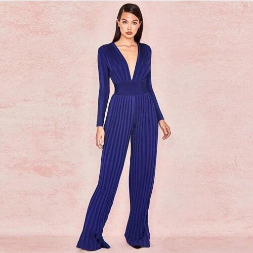 Love Aing High Quality Womens Jumpsuit 2020 New Temperament Elegant Blue V-neck Bodycon Club Party Bandage Jumpsuit