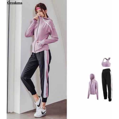 Hooded coats+sexy bra+pants women sportswear 3 piece set quick dry fitness gym suits loose yoga clothes outdoor running sets