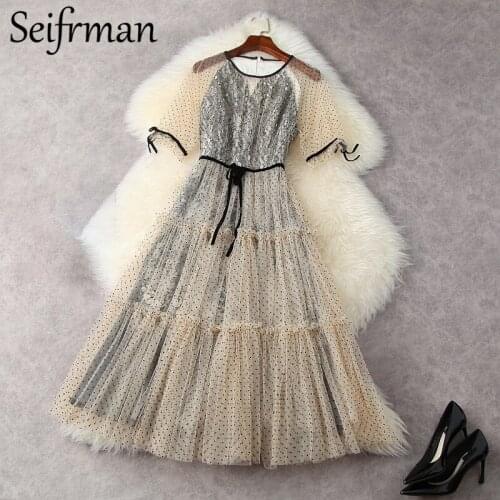 Seifrmann New 2021 Summer Women Fashion Designer Midi Dress Lantern Sleeve Bow Elegant Dot Printed Ladies Mesh Dress Vestidos