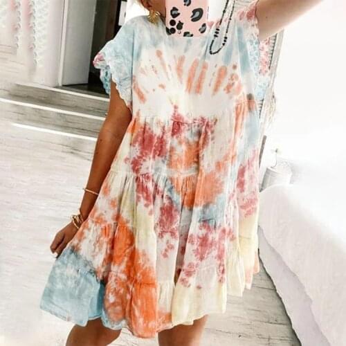 Women casual loose round Neck Color Tie Dyed Print Inner Style short sleeve Dress Female Chic Front a-line sun dress Summer