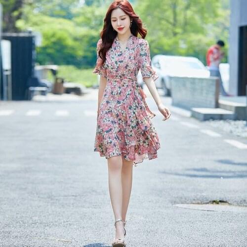 M-3xl Summer Women Temperament Floral Pink Green Plus Size Slim Elegant Short-sleeved Chiffon Cocktail Dresses 4944