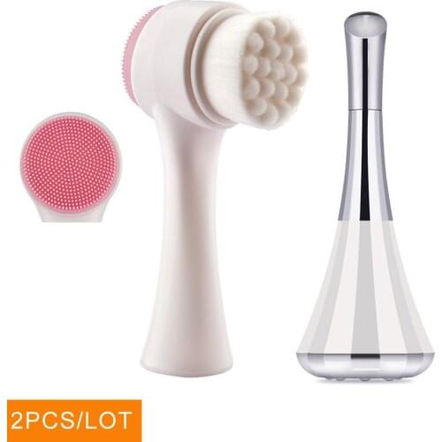 2pcs Double Sided Face Brush Clean Electric Silicone Exfoliating Blackhead Removal + Microcurrents Importer Beauty Tool for Face