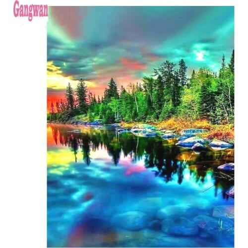 3D Diamond Painting Color forest cloud Cross Stitch Diamond Mosaic Diamond Embroidery lake landscape Rhinestone Picture 5D decor
