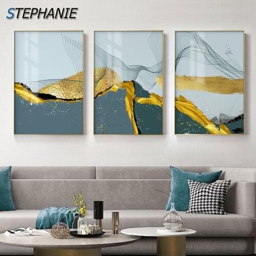Abstract Blue Color Block Canvas Painting Nordic luxury Poster Print Golden Wall Art Pictures for Living Room Home Decoration