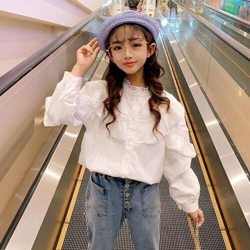 Teen Girls White Long Shirt New Spring Long-Sleeve Blouse 2021 Spring Autumn Children Girl Lace Ruffled Top