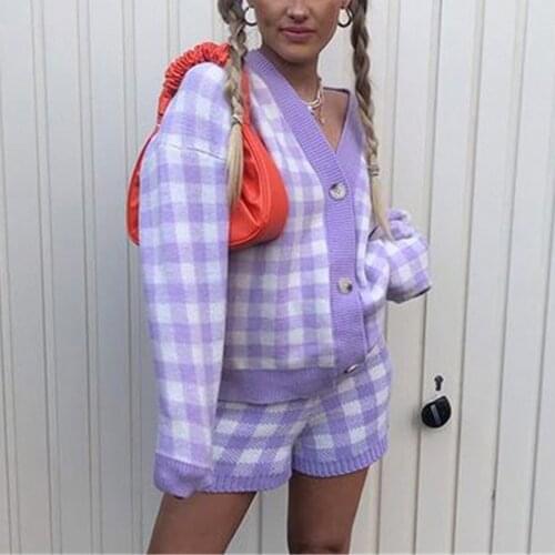 Dourbesty 2Pcs Plaid Knitting Shorts Sets Women V-Neck Long Sleeves Button-Open Knit Cardigan + Shorts Sweater Suit Tracksuits