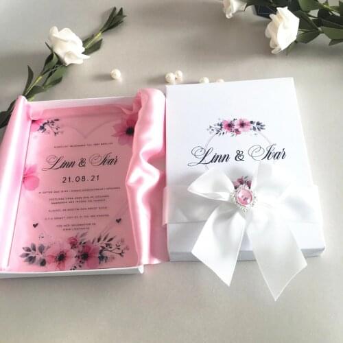 Elegant Handmade Wedding Invitations Pink Satin with Ribbon Buckle White Box European Royal Engagement Greeting Cards Price