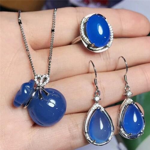 Jadery Natural Bule Chalcedony Jade Jewelry Sets For Women Charm 925 Sterling Silver Necklace/Earrings/Ring Anniversary Gifts