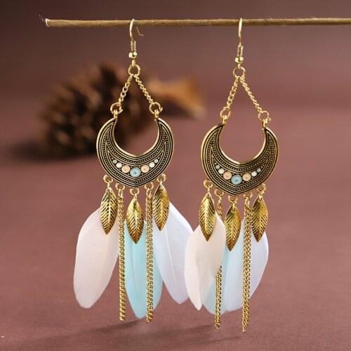 Creative U-shaped Long Chain Feather Earrings Indian Gypsy Bohemia Womens Leaf Tassel Dangle Earring Pendant Ladies Jewelry