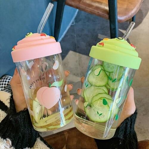 Cute Glass Personality Photo Cartoon Water Glass Simple Fruit Cover with Straw Girl Heart Child Creative Transparent Glass