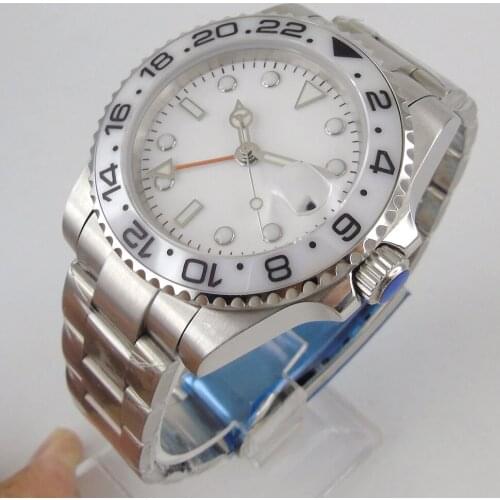 40mm Brand White GMT Mechanical Men Watch Steel Brushed Oyster Bracelet Screwdown Crown Sapphire Glass with Magnifier