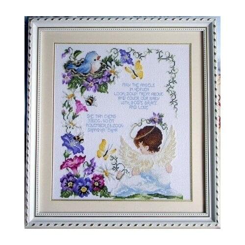 Fishxx Cross Stitch Kit T048 Character Series Angel Baby DIY Birthday Letter Decorated Flower and Bird Pattern