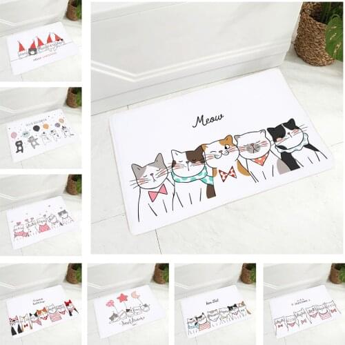 Nordic Style Cute Cartoon Cat Non-Slip Print Soft Flannel Carpet Decor Happy Holiday Floor Door Mat for Hallway 40x60cm Doormat