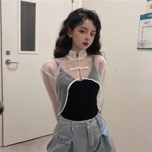 Chinese Style Clothing Women Fashion 2021 Mesh Transparent Tang Suit White See Through Asymmetric Shirt Cheongsam Top KK3689