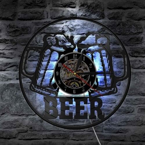 Beer Wall Art Clock Beer Bar Drinking Hour Pub Vinyl Record Wall Clock with LED Night Light Man Cave Pub Kitchen Beer Club Decor