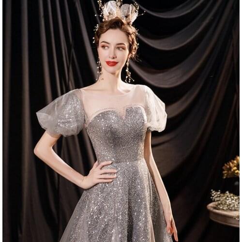 Silver Sequins Princess Dress for Women Lantern Sleeve Banquet Host Birthday Party Student Girl Prom Dress K077