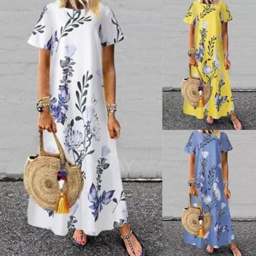 Casual New Summer Women Dress Short Sleeve Women Elegant Dress Flower Leaf Print Short Sleeve Loose Leisure Dress for Outdoor