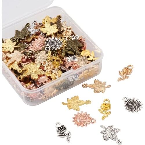 1 Box Tibetan Style Alloy Sunflower Rose Flower Maple Leaf Pendants Charms Findings For DIY DIY Bracelet Necklace Craft Making