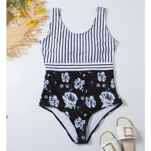 Sexy Striped One Piece Swimsuit Women High Waist Swimwear Stripe V Back Cut Out Monokini Floral Print Bathing Suit Beach Wear