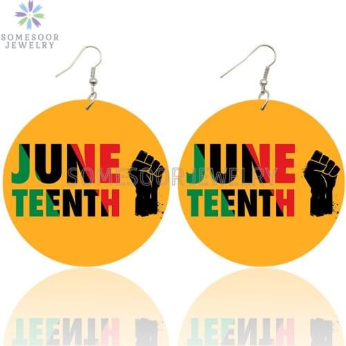SOMESOOR Juneteenth Freedom Day Printed African Wooden Drop Earrings Black Power Fist Loops Dangle Jewelry For Women Gifts