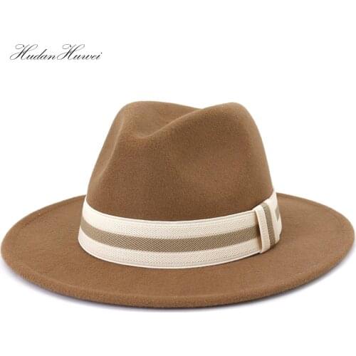 New Men Women Fashion Jazz Panama Woolen Felt Fedora Hat Solid Flat Wide Brim Elegant Church Party Camel White Black Hat