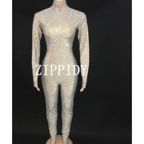 Sexy Full Glisten AB Rhinestones Nude Jumpsuit long Sleeves Stones Bodysuit Performance Party luxurious Costume Dance Outfit