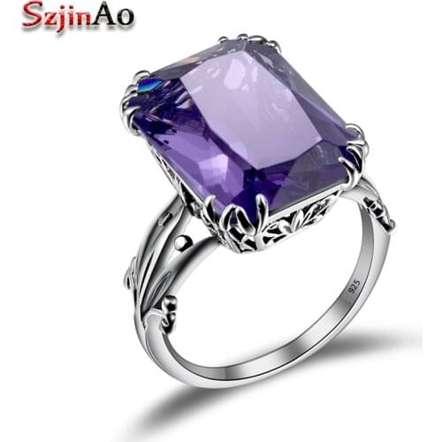 Szjinao Amethyst Rings For Women Vintage Authentic 925 Sterling Silver Ring Handmade Design Unique Famous Brand Jewelery Female