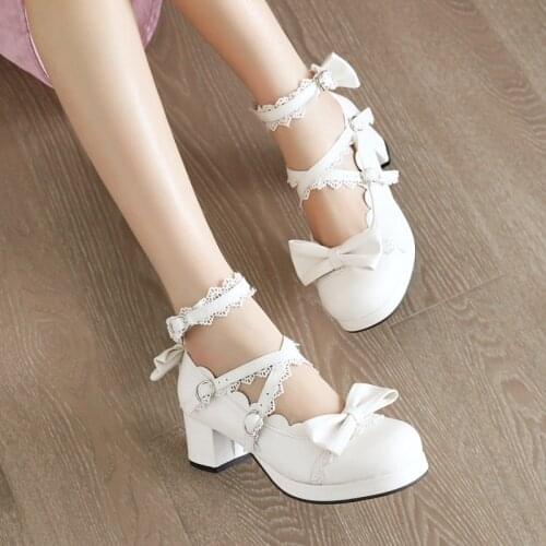 Sweet lolita shoes vintage round head large lolita 34-38size shoes high heel 3-5cm cute bowknot cross bandage kawaii shoes loli