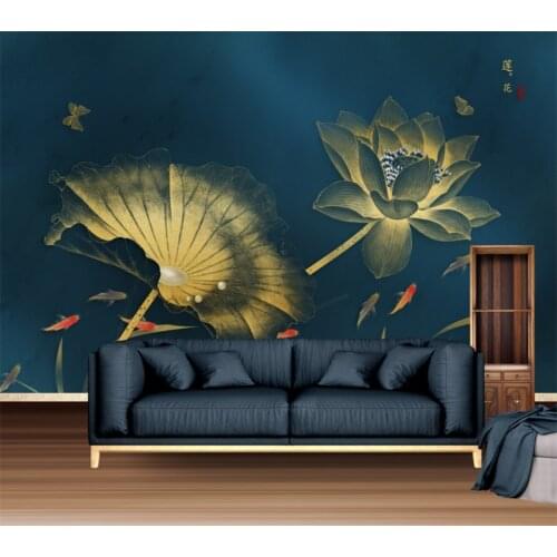 Wellyu Customized large 3d mural new Chinese style abstract golden background wall lotus meticulous TV background wallpaper